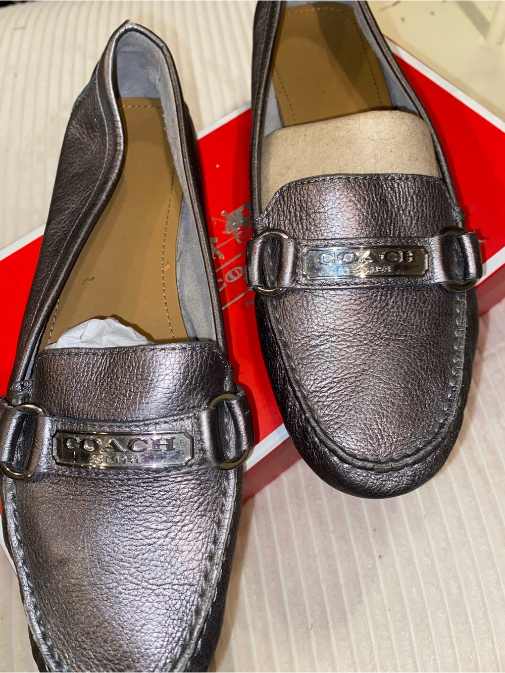 COACH Metallic Pewter Leather Loafers for Women